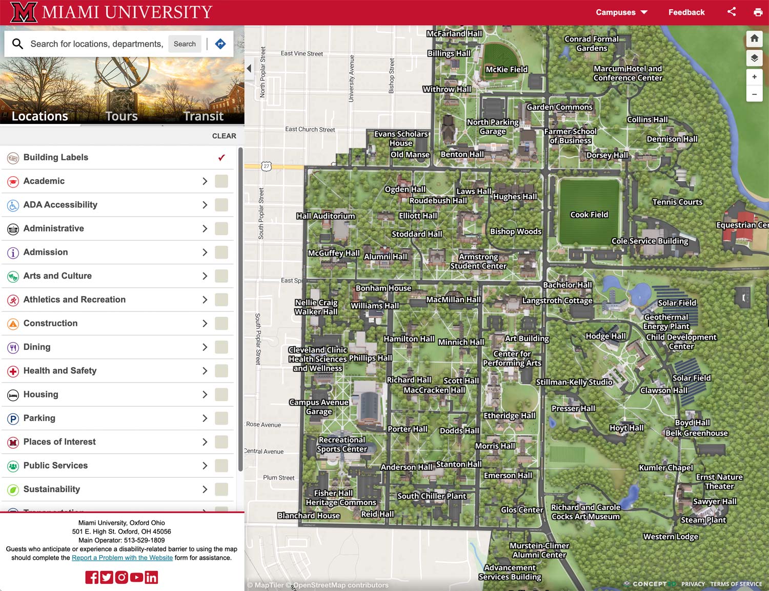 Miami University, Oxford Ohio, Campus Map
